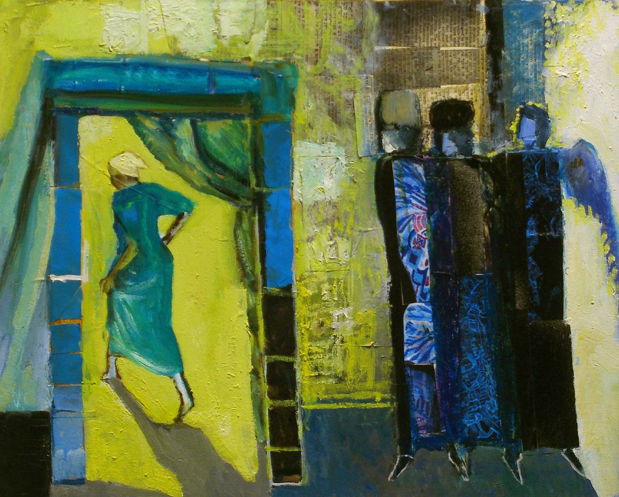 Sarah and the Three Angels, 1998 (olaj és kollázs, vászon) alkotó: Richard Contemporary Artist Mcbee