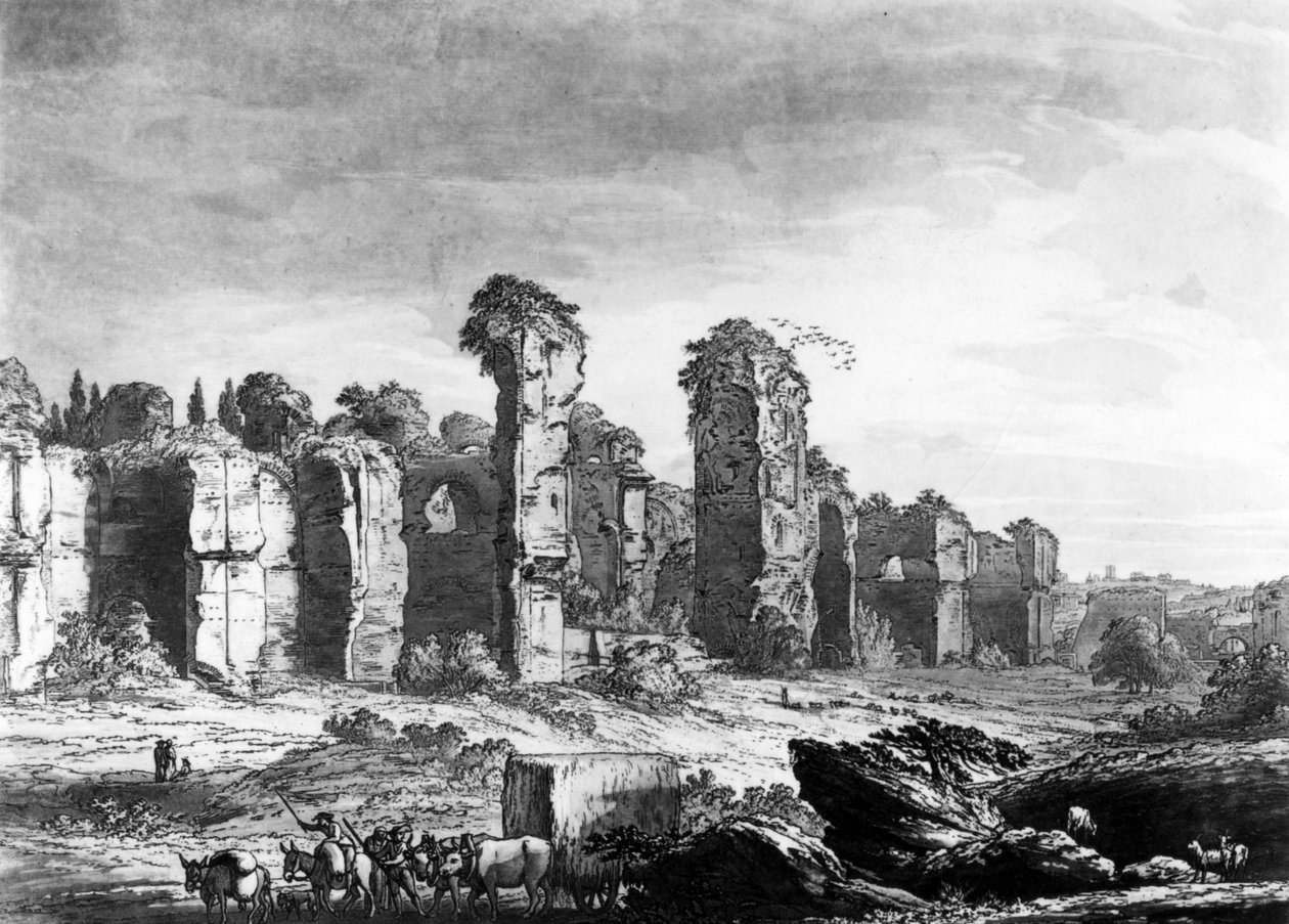 Kilátás Caracalla fürdőjének maradványaira, a római jezsuita kertből, 1778 körül (akvatinta) alkotó: Richard, the Elder Cooper