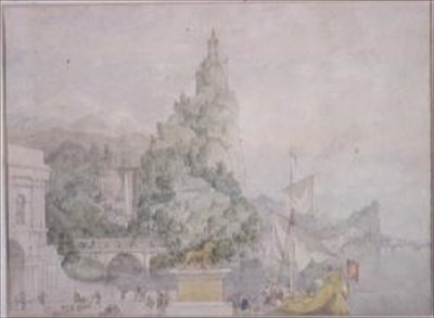 Tájképi kompozíció: Broadmoor Asylum színházának csepp-jelenetéhez készült tanulmány. alkotó: Richard Dadd