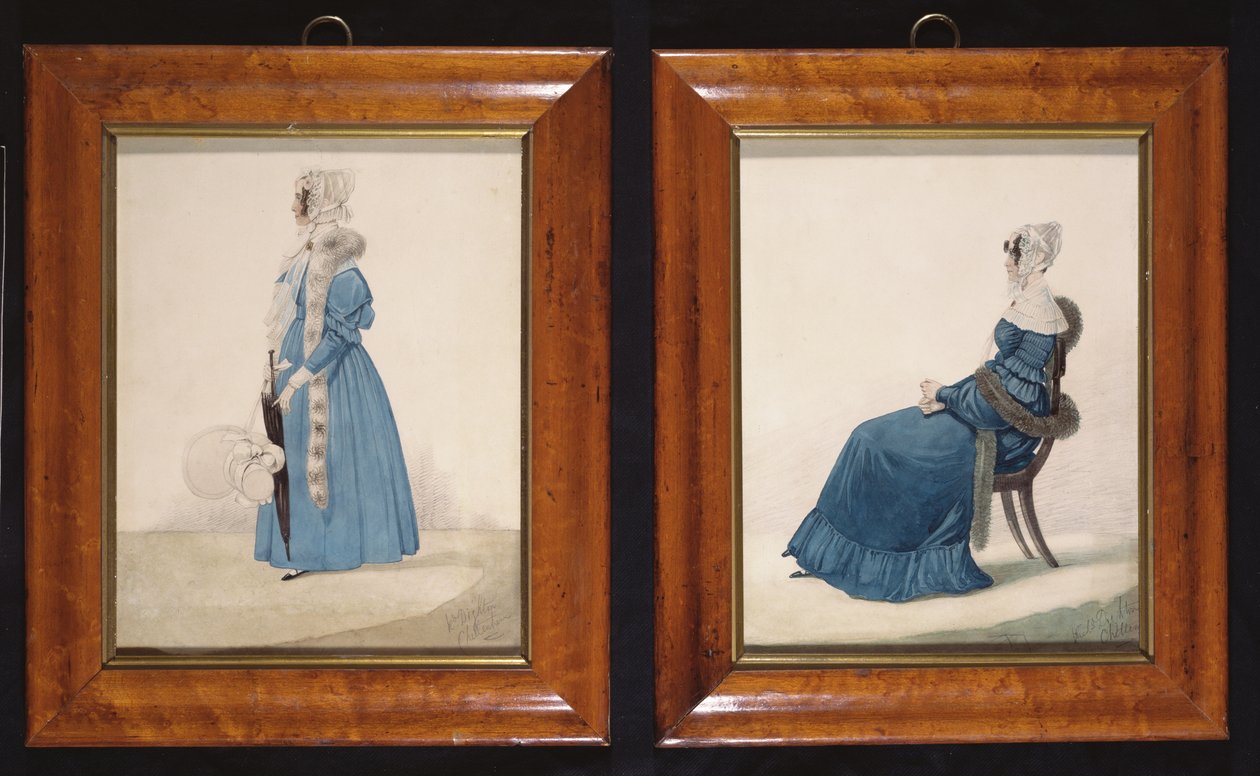 Két portré egy ülő és egy álló hölgyről kék ruhában, 1830 körül (wc és ceruza papíron) alkotó: Richard Dighton
