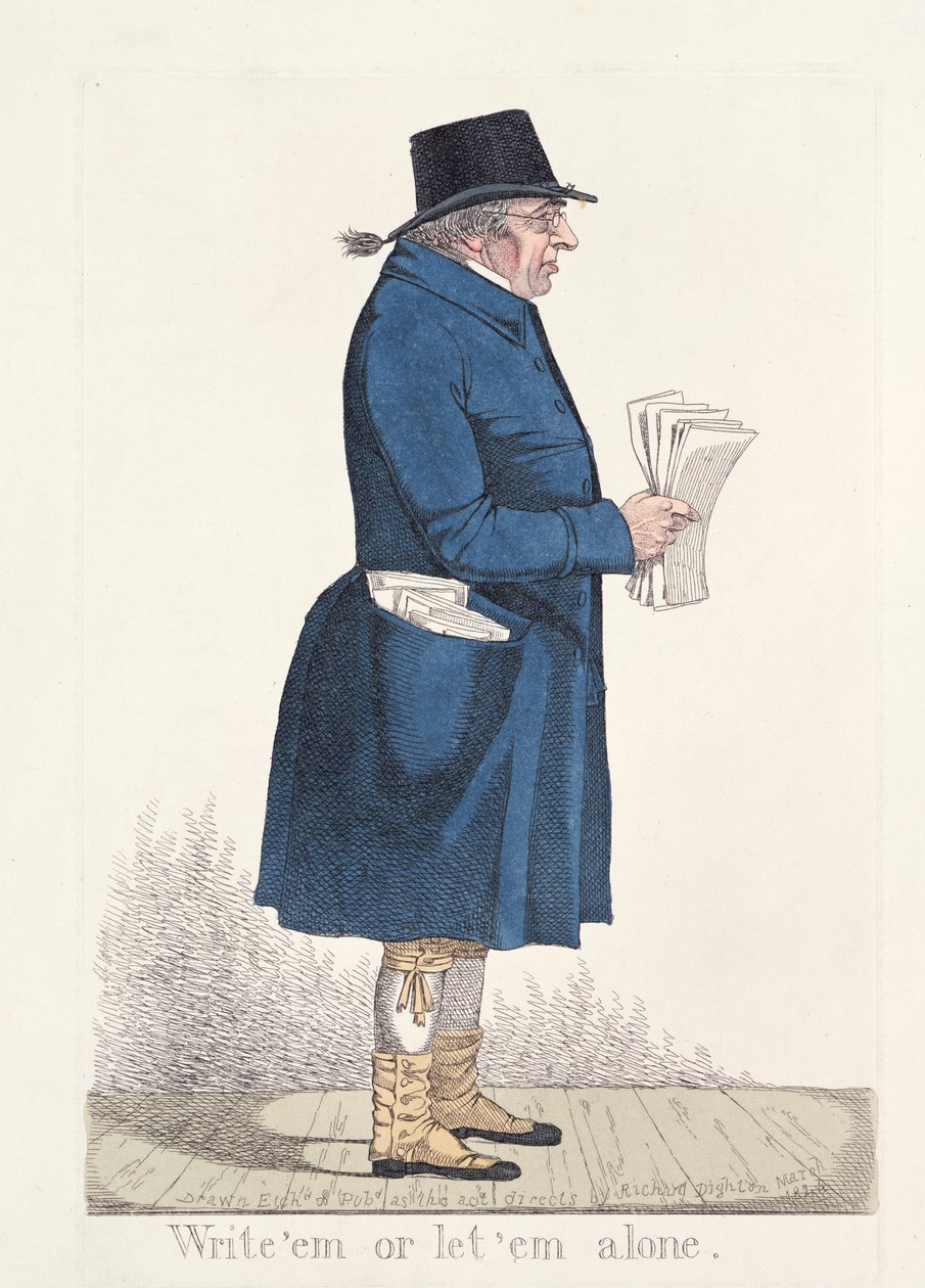 „Írja meg, vagy hagyja békén”, a „City Characters”, 1824-ből (színes rézkarc) alkotó: Richard Dighton