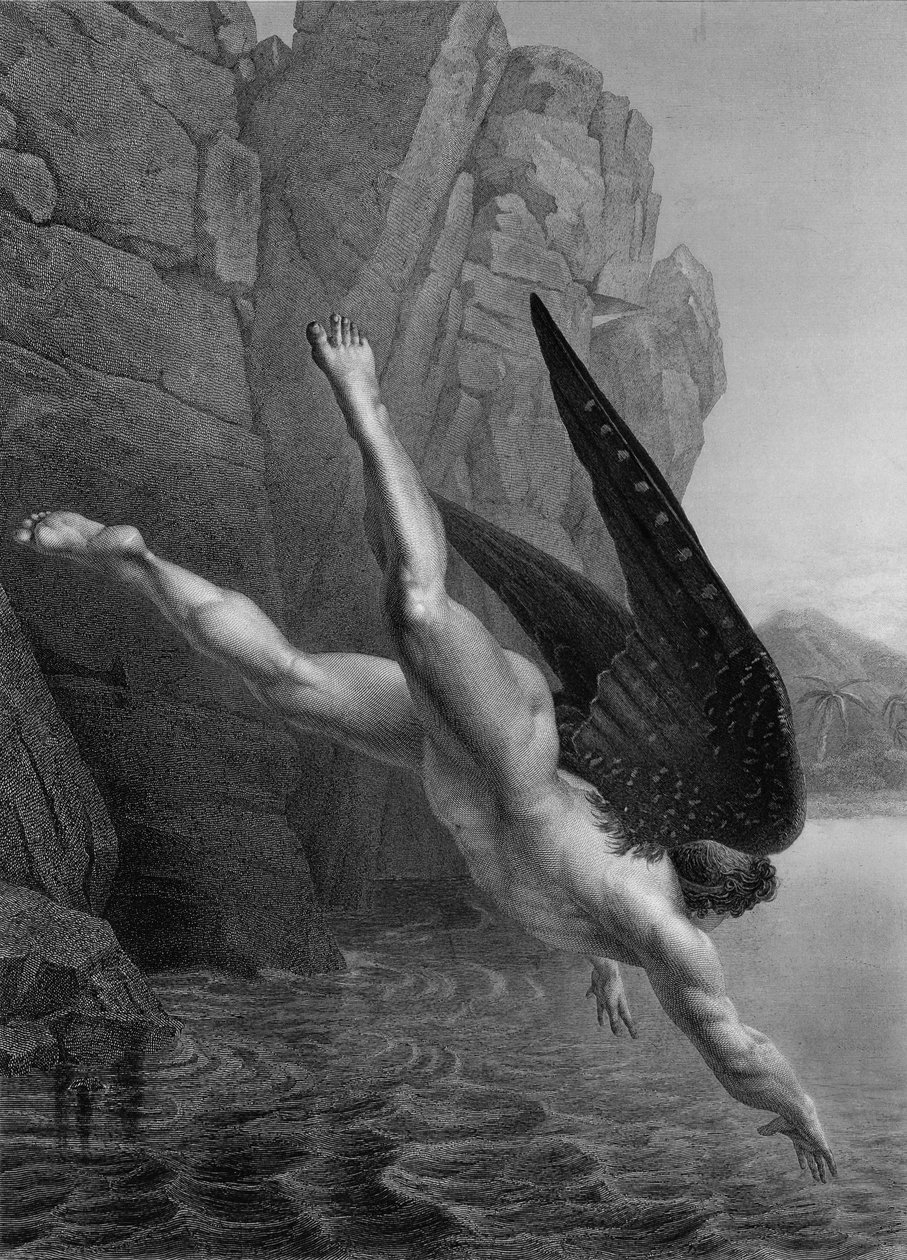A Sátán belemerül a Styx folyóba, John Milton (1608-74) „Elveszett paradicsom” című művének francia kiadásából, amelyet Darodes vésett, 1868-ban. alkotó: Richard Edmond Flatters