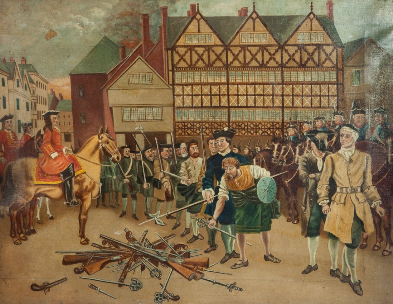 Jakobita csapatok átadják fegyvereiket Wills tábornoknak a Preston Market Place-en 1715-ben alkotó: Richard Holmes