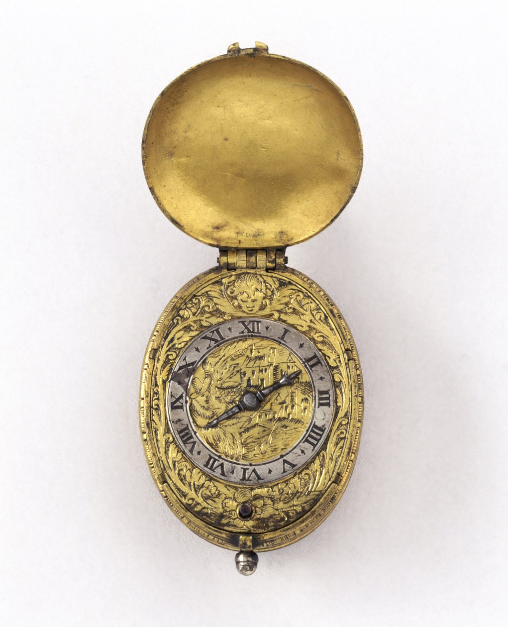 Ovális szélvédő karóra, 1630 körül (ezüst és aranyozott fém) alkotó: Richard Jackson