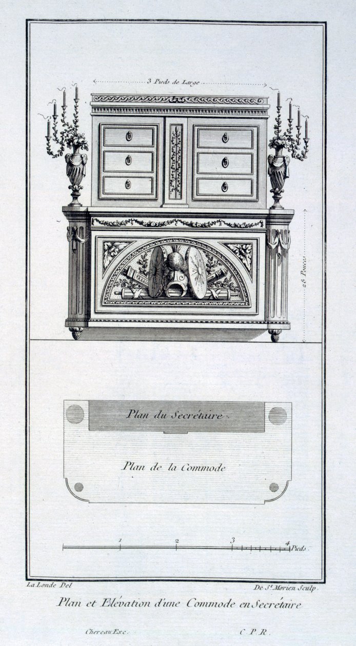 Tervezés egy komódhoz és titkári szekrényhez, az „Oeuvres divers de Lalonde, decorationur et dessinateur” című könyvből, 1780-96 között alkotó: Richard Lalonde