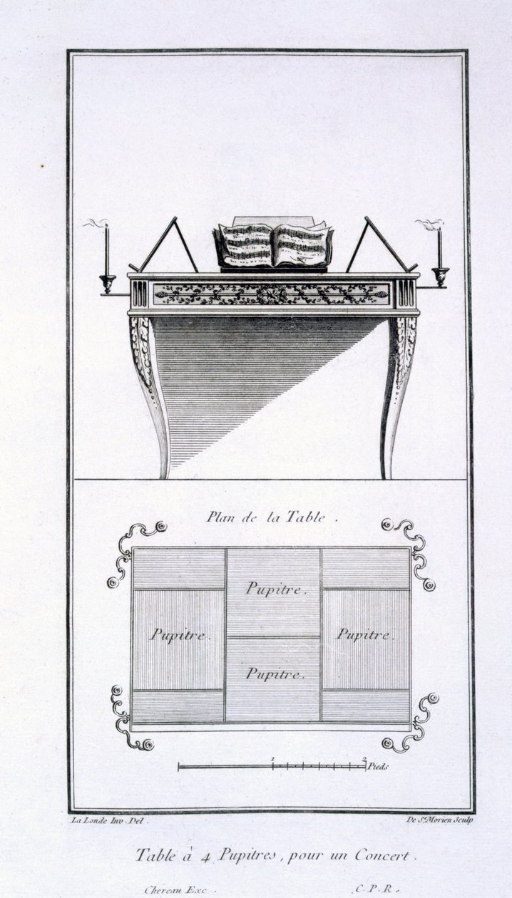 Asztal négy kottaállvánnyal, koncerthez, az "Oeuvres diverses de Lalonde, decorateur et dessinateur" című, 1780-96-ban megjelent kötetből. alkotó: Richard Lalonde