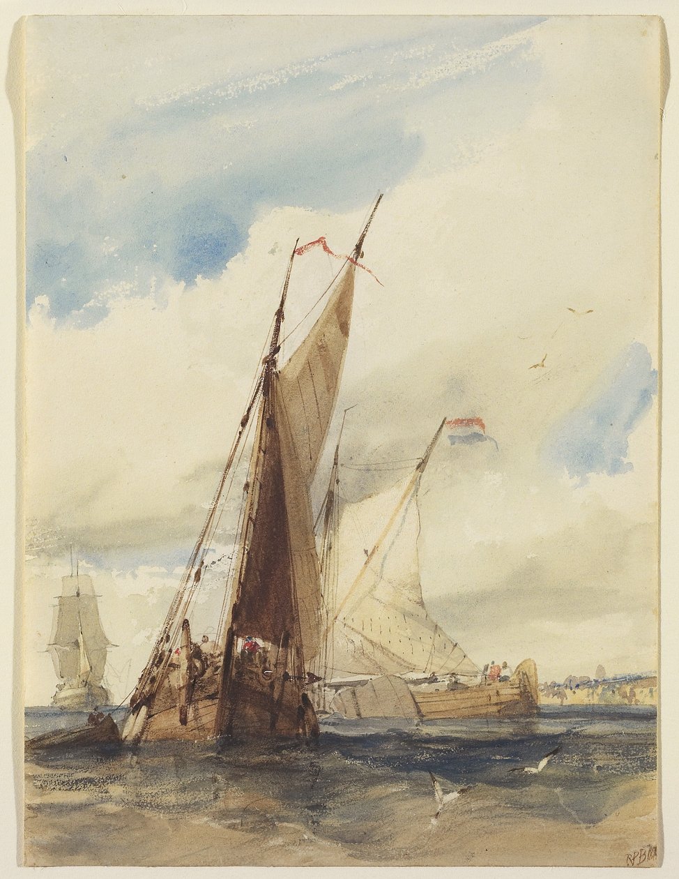 Holland halászhajók a francia part közelében, 1825 (wc grafit felett, szőtt papíron kikaparva) alkotó: Richard Parkes Bonington