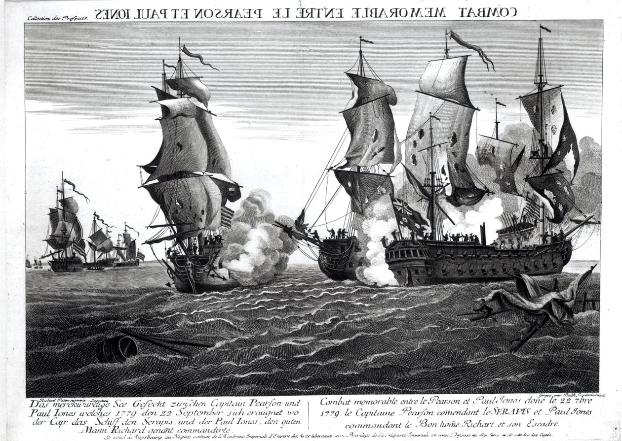 Emlékezetes harc Pearson kapitány, a „The Serapis” parancsnoka és John Paul Jones, a „Le Bonhomme Richard” parancsnoka között, 1779. szeptember 22., vésett Balthasar Frederic Loizel (metszet) alkotó: Richard Paton