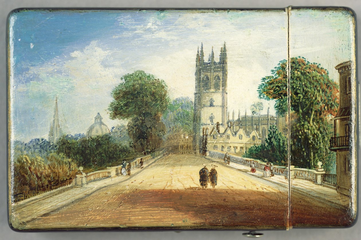 Viktoriánus kártyatok, az oxfordi Magdalen College jelenetével (papírmasé) (lásd a 256309-et a hátoldalon) alkotó: Richard Phene and Benjamin W. Spiers