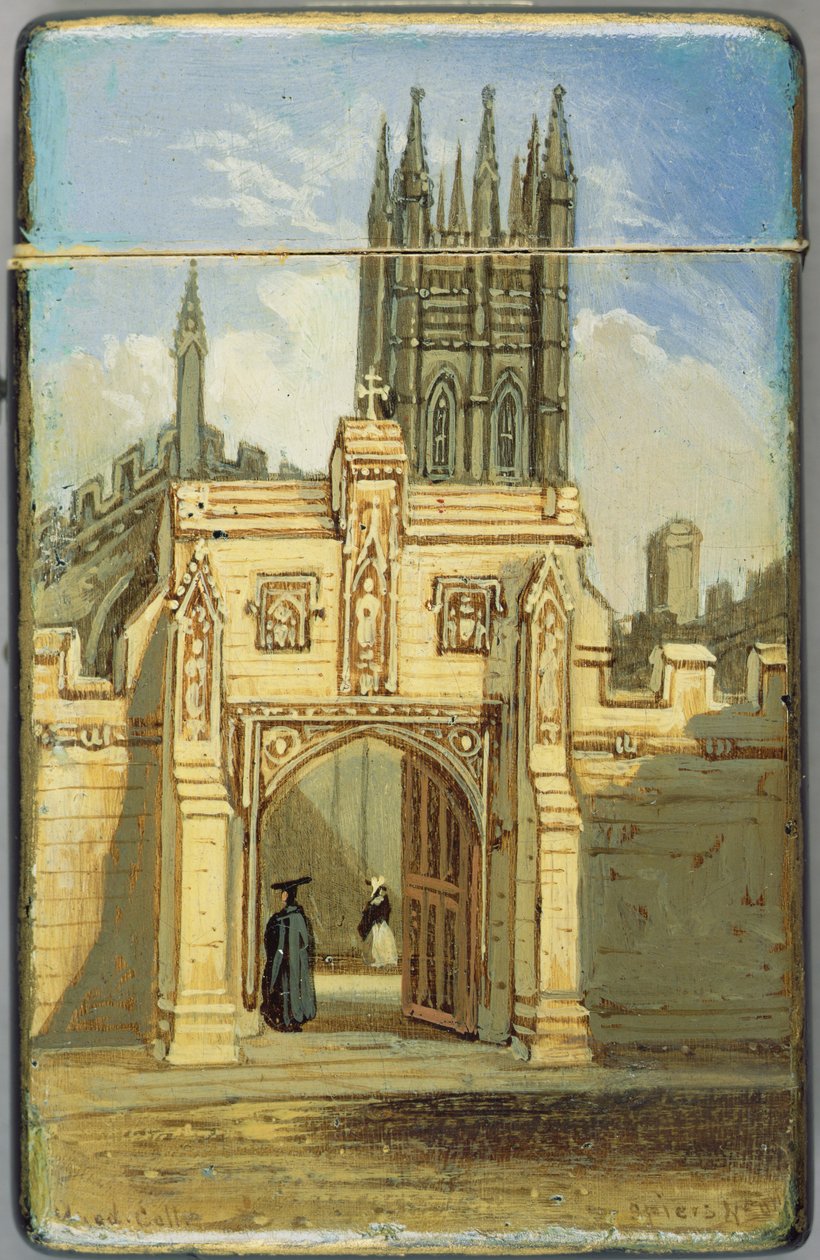 Viktoriánus kártyatárca, az oxfordi Magdalen College jelenetével (papírmasé) (a hátoldalát lásd 256310) alkotó: Richard Phene and Benjamin W. Spiers