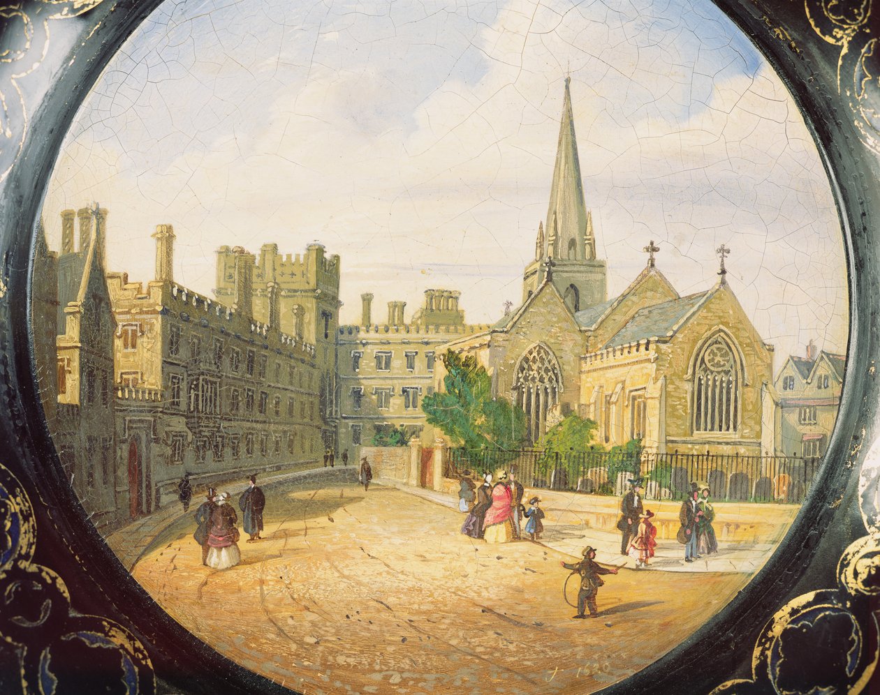 Viktoriánus kártyatálca a Pembroke College, Oxford és a St. Aldate templom jelenetével díszítve (papírmasé) alkotó: Richard Phene and Benjamin W. Spiers