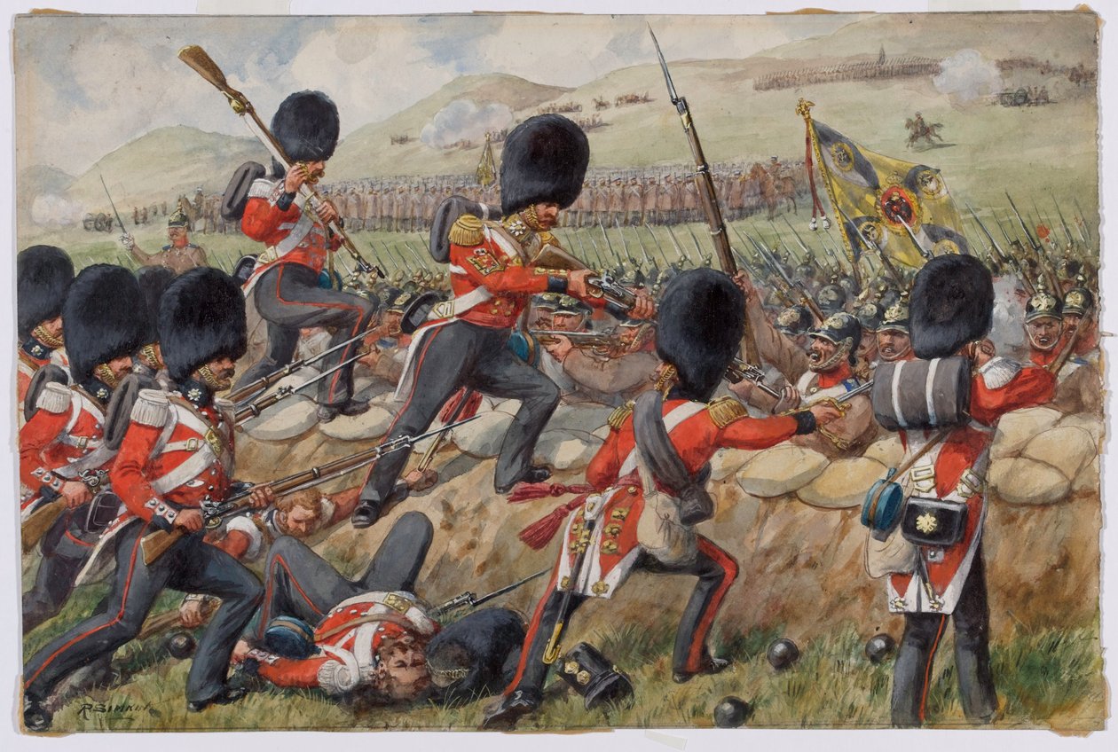 Részlet a Skót Fusilier Gárda, most Skót Gárda az almai csatában, Krími háború, 1854. szeptember 20. wc, papír alkotó: Richard Simkin