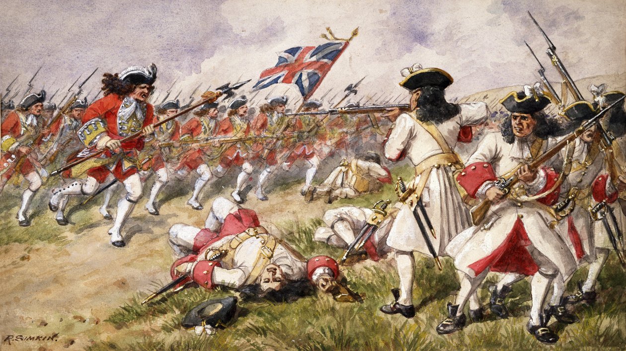 Ramillies-i csata, A 16. láb a francia gyalogság ellen, 1900 alkotó: Richard Simkin