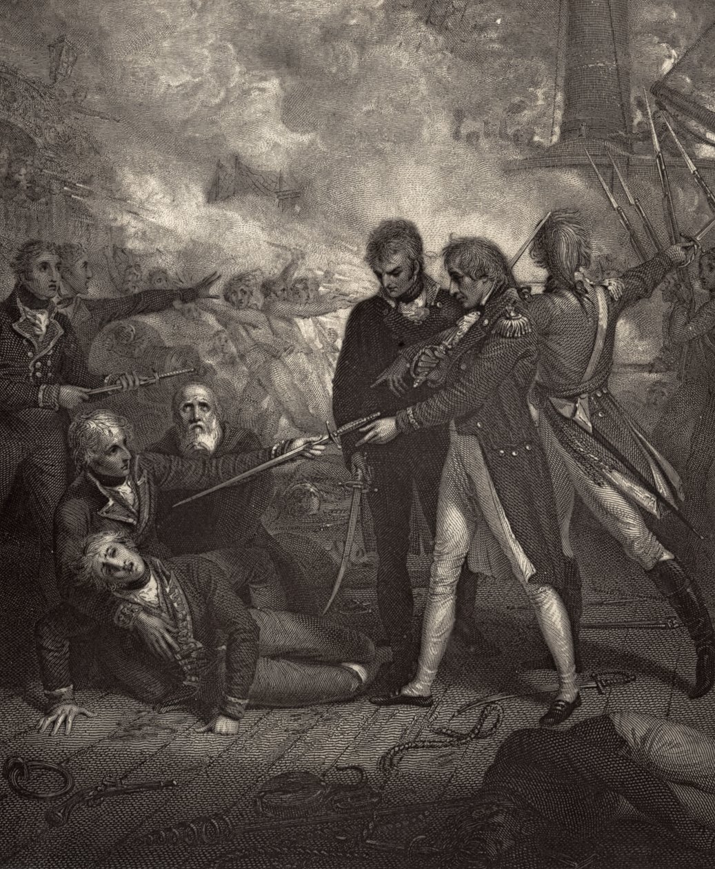 A San Nicholas és a San Josef beszállással szállítva, illusztrációja Robert Southey (1774-1843) „Nelson élete” című könyvéből, amely először 1813-ban jelent meg alkotó: Richard Westall