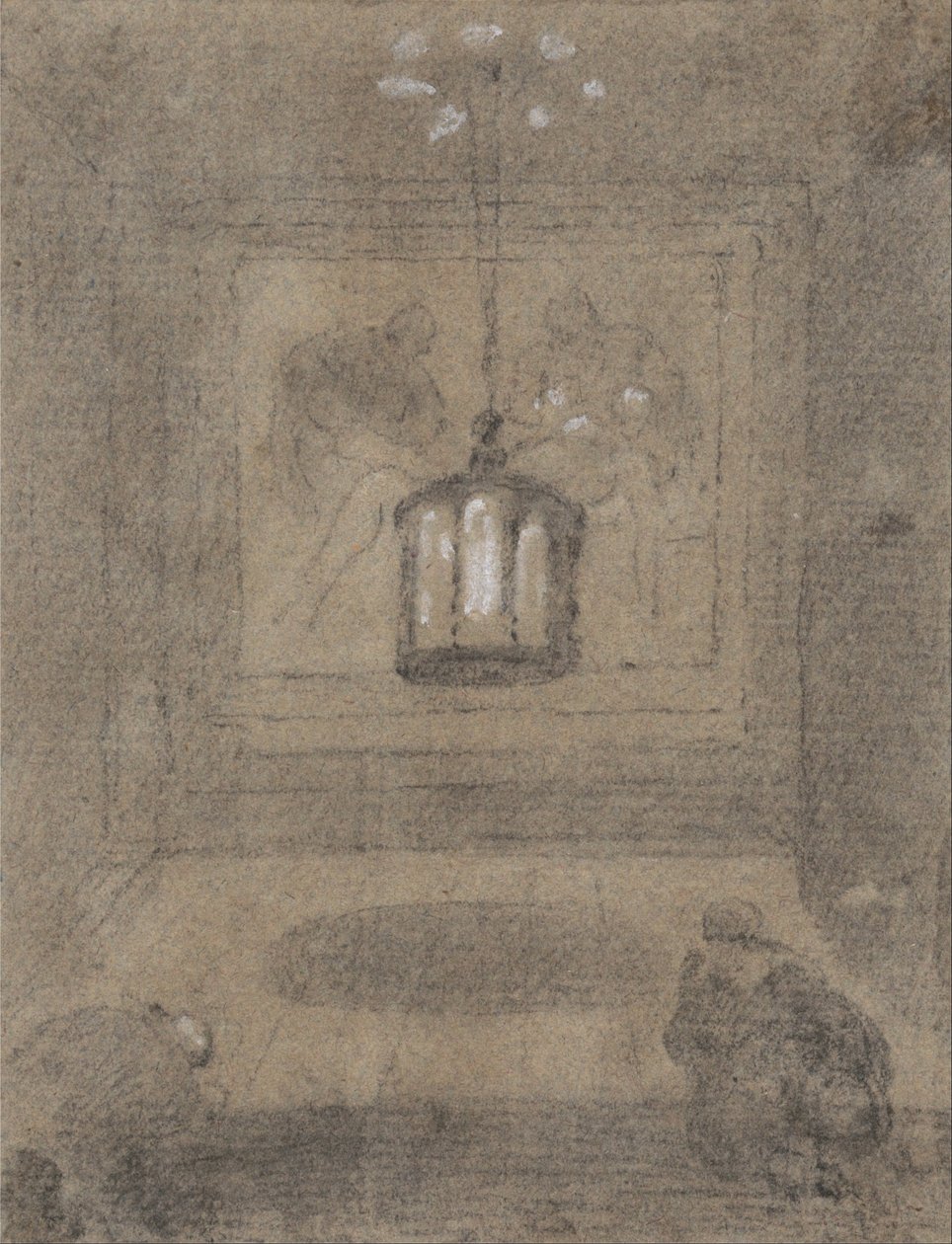 Egy földalatti szentély két figurával térdel a Pieta előtt alkotó: Richard Wilson
