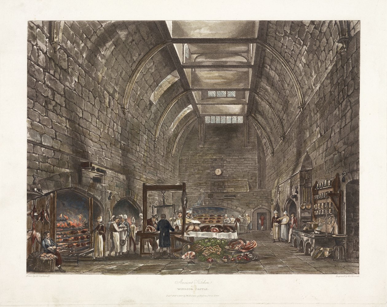„Ancient Kitchen Windsor Castle”, 19. század eleje alkotó: John Pardon