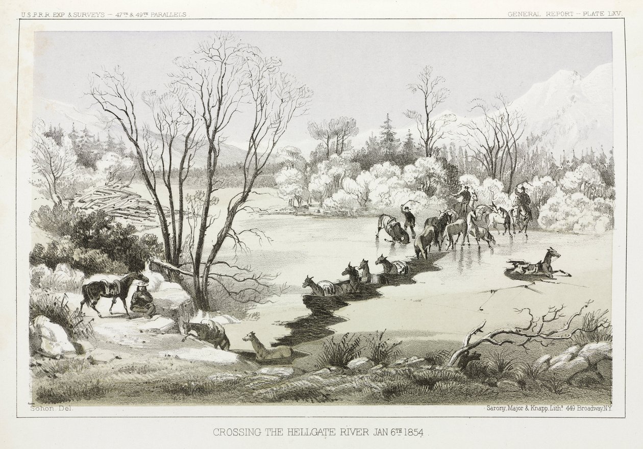 Átkelés a Hellgate folyón, Montana, USA, 1854. január 6 alkotó: John Pardon