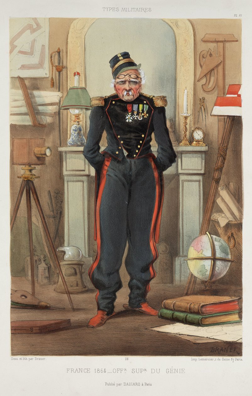 „Franciaország 1864 – A zsenialitás felső tisztje” A Draner által rajzolt és metszett színes litográfiák egyike „Types Militaires” címmel. alkotó: John Pardon