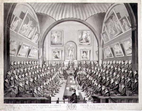 The Lord Mayor, Aldermen and Common Council in the Council Chamber Guildhall, London, Thomas Sutherland (sz. 1785) metszett, 1825-ben megjelent (litho) alkotó: Richard (after) Dighton