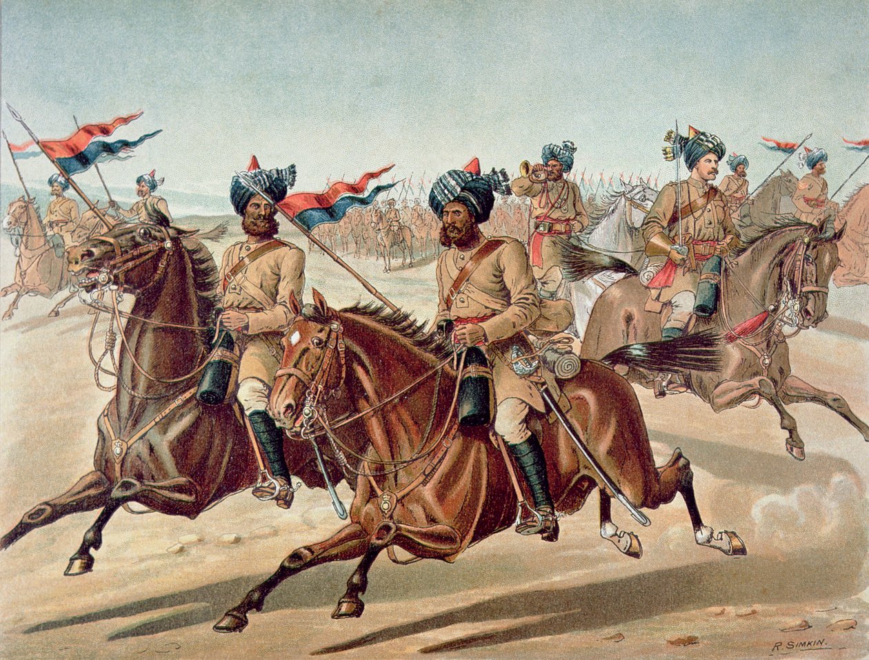 Scouts of the 10th Bengal Lancers (field Service Kit), az 1880-as évek angol-indiai hadserege (színes litho) alkotó: Richard (after) Simkin