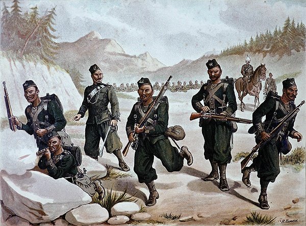 A 3. gurkha csetepaté, az 1880-as évek angol-indiai hadserege (színes litho) alkotó: Richard (after) Simkin