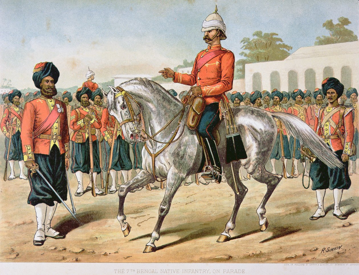 A 7. bengáli gyalogság a parádén, az 1880-as évek angol-indiai hadserege (színes litó) alkotó: Richard (after) Simkin