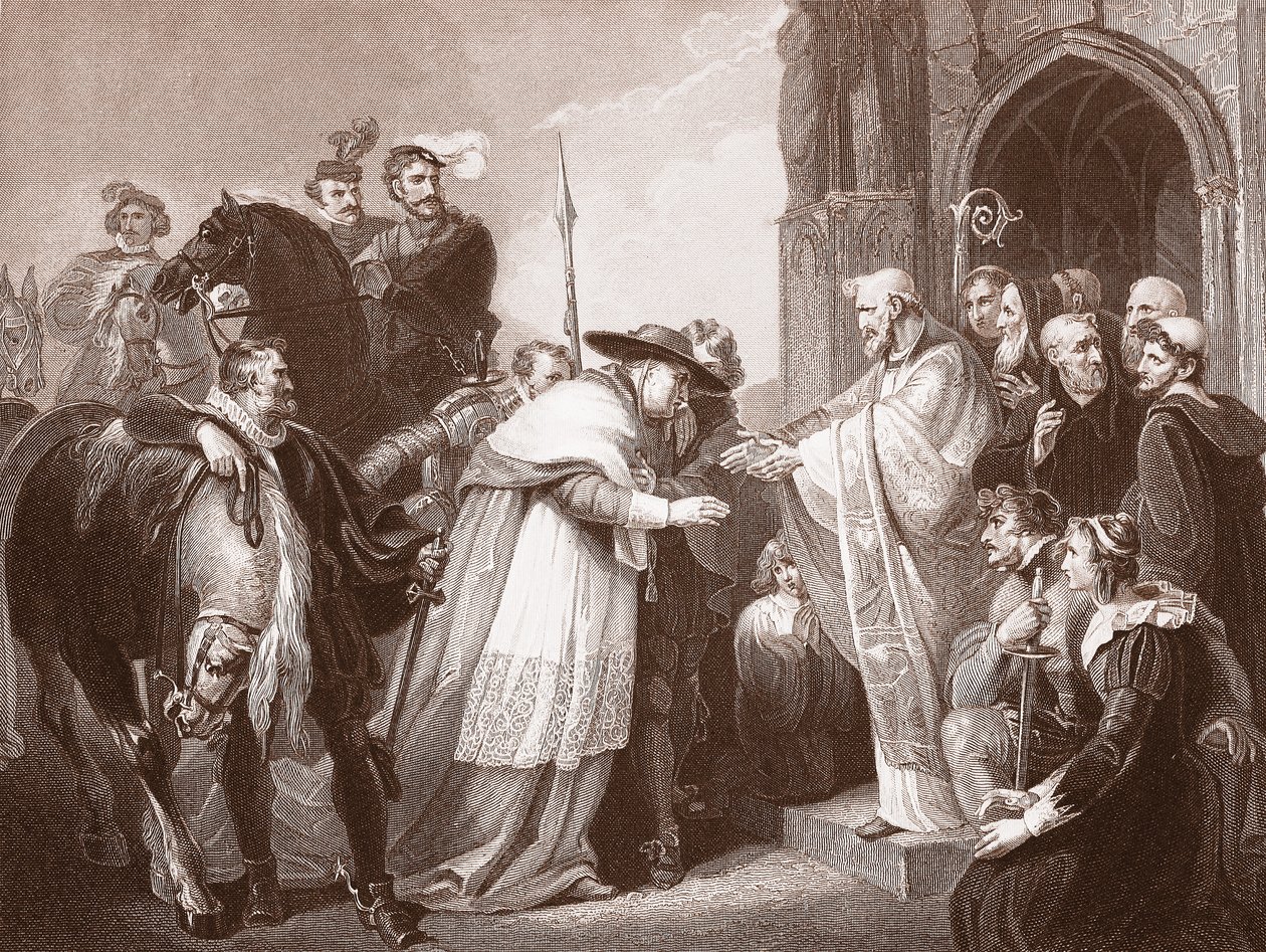 Wolsey bíboros a Leicesteri apátságban, R. Walther metszete (litho) alkotó: Richard (after) Westall