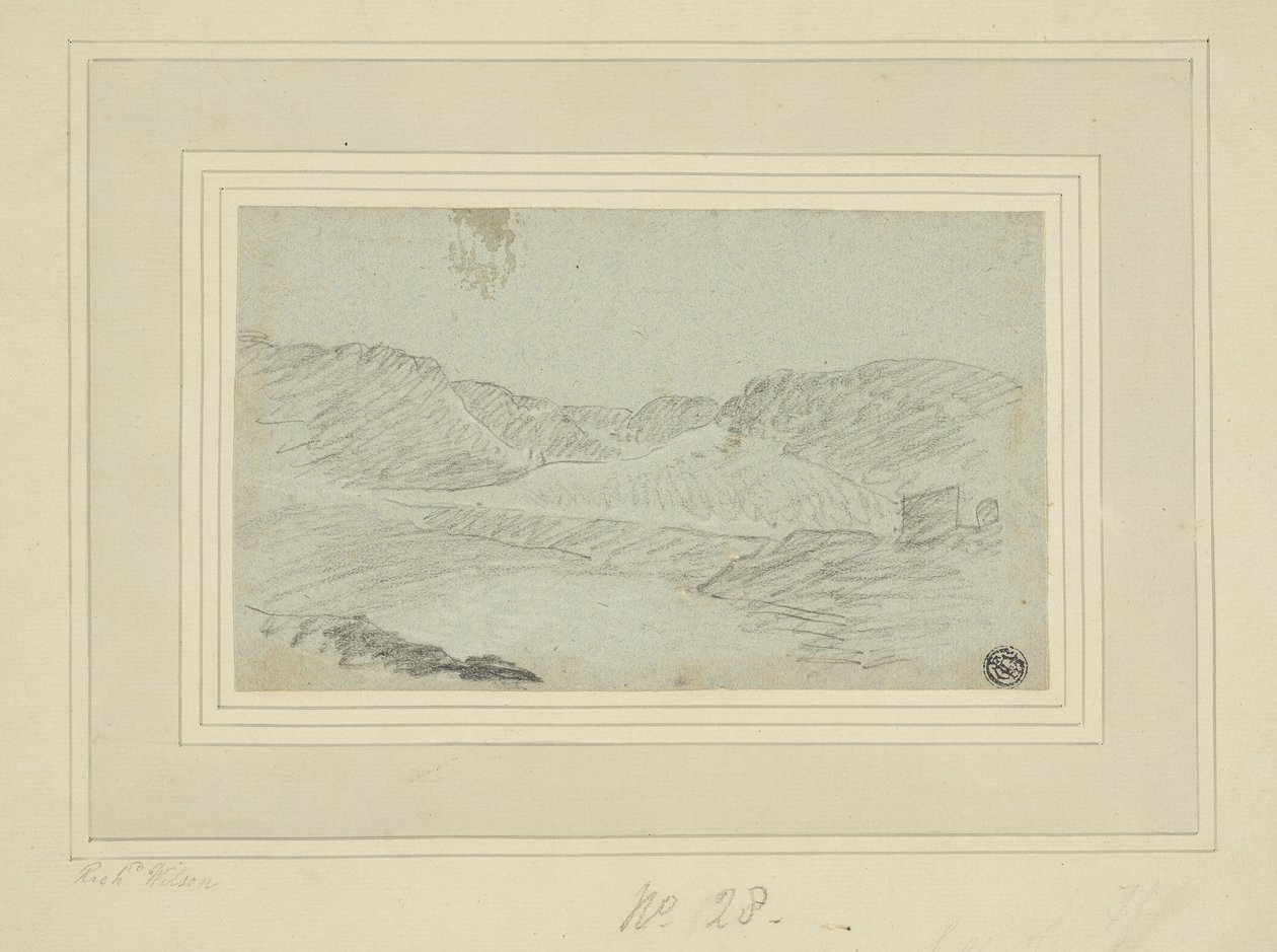 Dombos táj (szén kék fektetett papírra, krémes papírra fektetve (2 réteg)) alkotó: Richard (attr.to) Wilson
