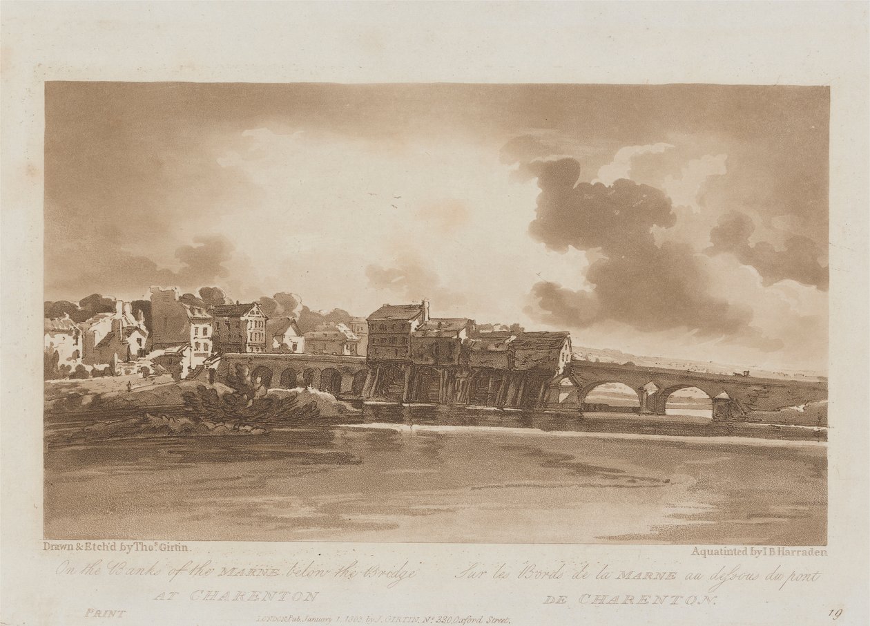 A Marne partján a charentoni híd alatt 1803; A párizsi Views 19. táblája, a B1981.25.2628 tábla Emanuel kötetének nyomkövetése alkotó: Richard Banks Harraden