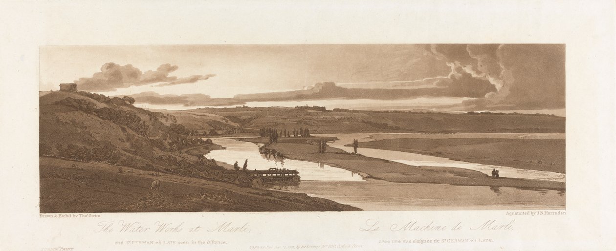 A vízmű Marliban és St. Germain en Laye-ben a távolban látható 1803-ban; A párizsi Views 15. táblája, a B1981.25.2624 tábla Emanuel kötetének nyomkövetése alkotó: Richard Banks Harraden
