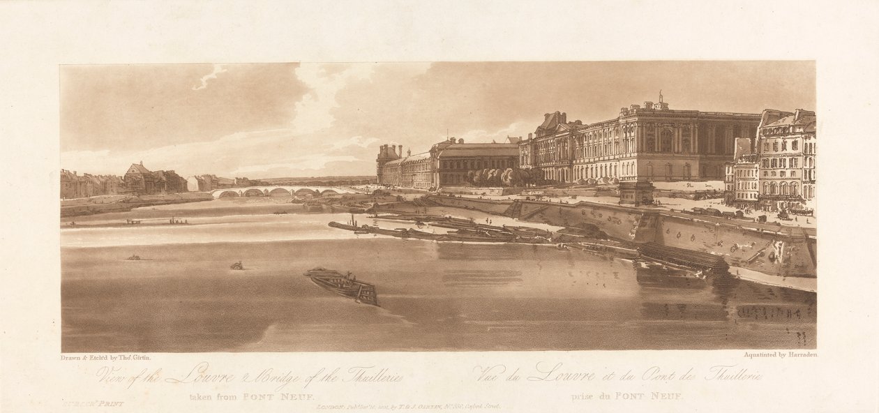 Kilátás a Louvre-ra és a Thuilleries-hídra, a Pont Neufról. 1802; 2. tábla a Views in Parisból, a lemez Emanuel kötetkövetése, B1981.25.2613 alkotó: Richard Banks Harraden