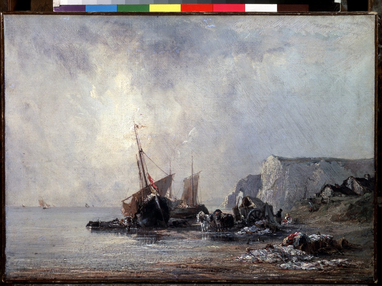 ""Boats on the Normandy Shore"" (Boats at the Normandy Shore) Richard Parkes Bonington (1802-1828) festménye 1823-1824 Méret: 33x46 cm Szentpétervár, Ermitázs Múzeum alkotó: Richard Bonington