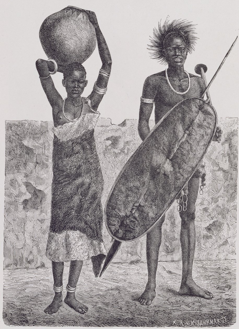 Shillook harcos és lány, Jahrmargt metszete, „Az emberiség története” III. kötetéből, Friedrich Ratzel professzor, 1898 alkotó: Richard Buchta