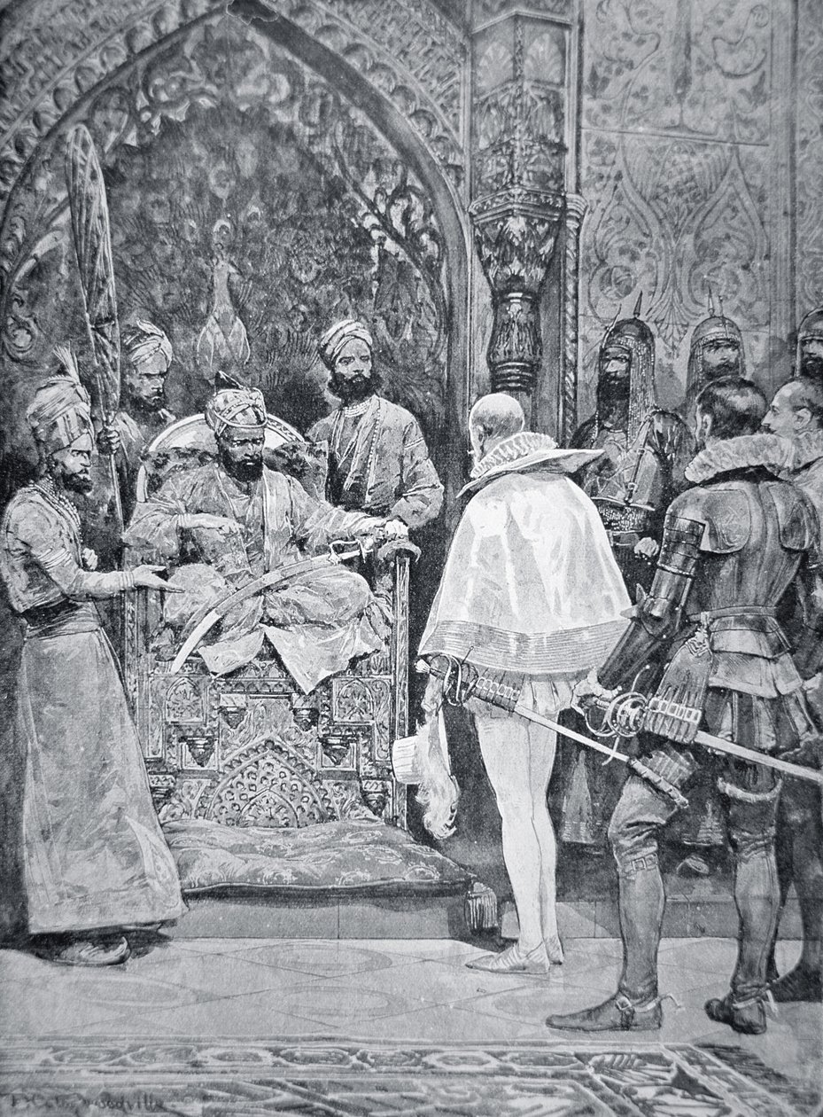 Nagy Akbar fogadja Erzsébet királynő nagykövetét 1599-ben (litho) alkotó: Richard Caton (after) Woodville