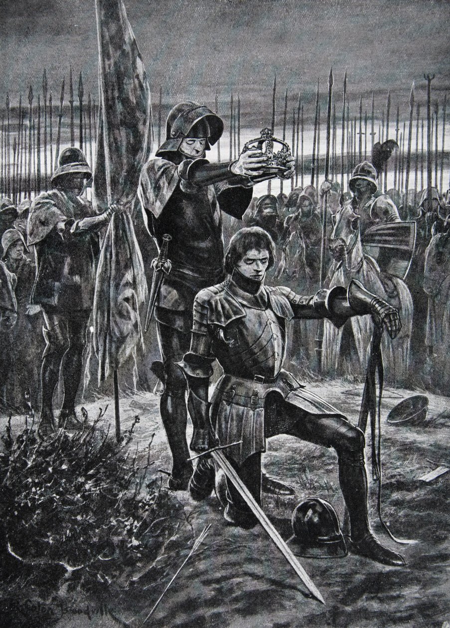 VII. Henriket Bosworthban koronázták meg, illusztráció a „Nemzet története” című művéből (litho) alkotó: Richard Caton II (after) Woodville