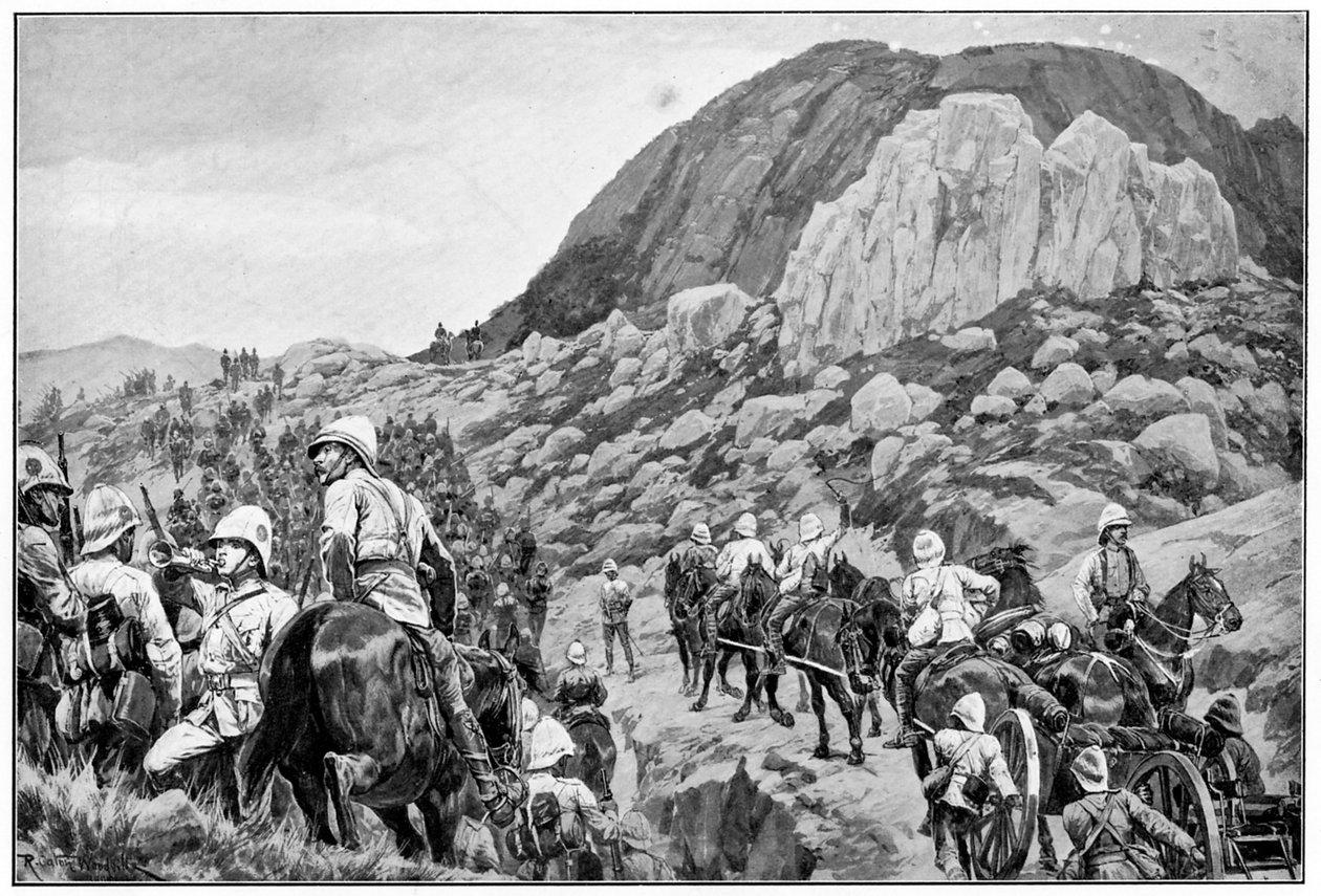 Brit tüzérség a Spion Kop elleni támadáshoz, 2. búr háború, 1900. január 24. alkotó: Richard Caton II Woodville