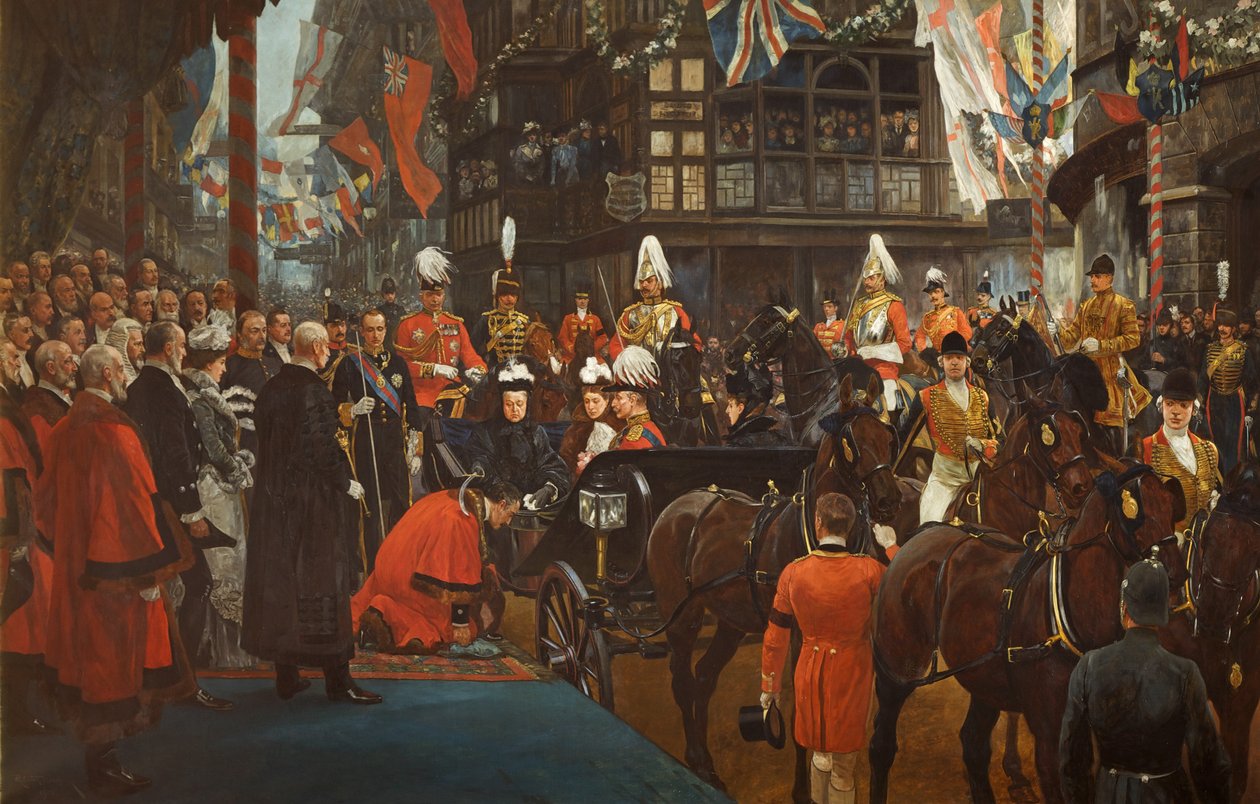 Viktória királynő lovaggá üti Herbert Ashmant, Bristol első polgármestere, a Tanácsházban, november 12-én alkotó: Richard Caton II Woodville