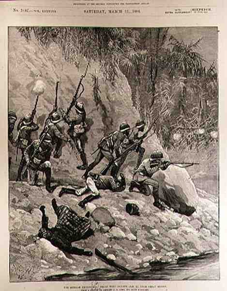 The Burmah Expedition: Fight with Dacoits, január 12., Shoay Green közelében, a The Illustrated London Newsból, 1886. március 13. alkotó: Richard Caton II Woodville