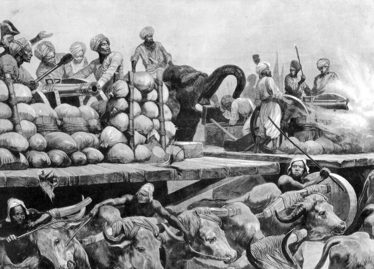 A Nawab Siraj Ud Daulahs tüzérsége mozgatható platformján, India, 1757, 1893. alkotó: Richard Caton II Woodville