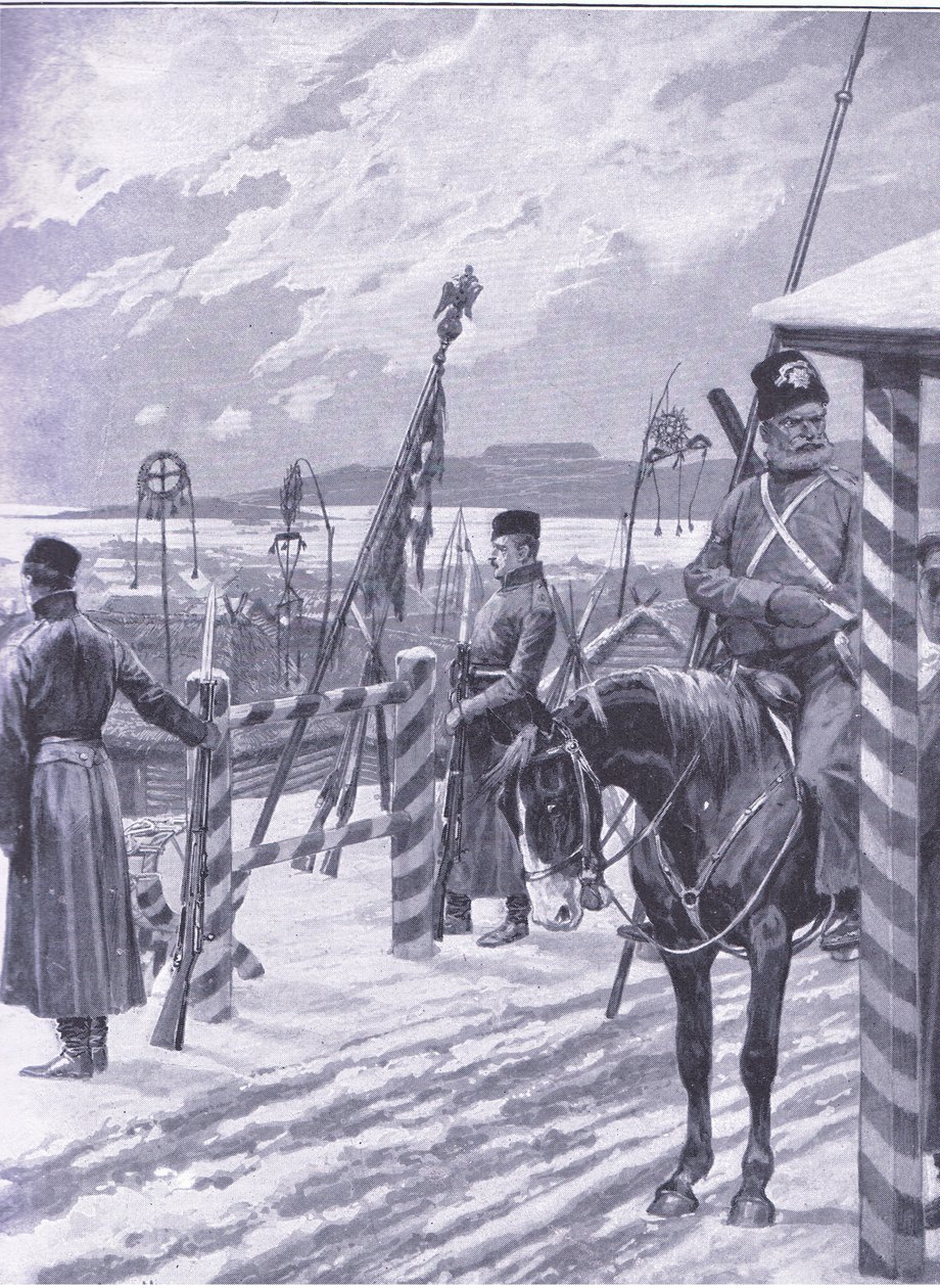 Kozák állomás Mandzsúriában törzsi táblákkal a férfikunyhók felett, illusztráció a Cassells History of the Orosz-Japán háború 1. kötetéből, 1900 körül alkotó: Richard Caton Woodville