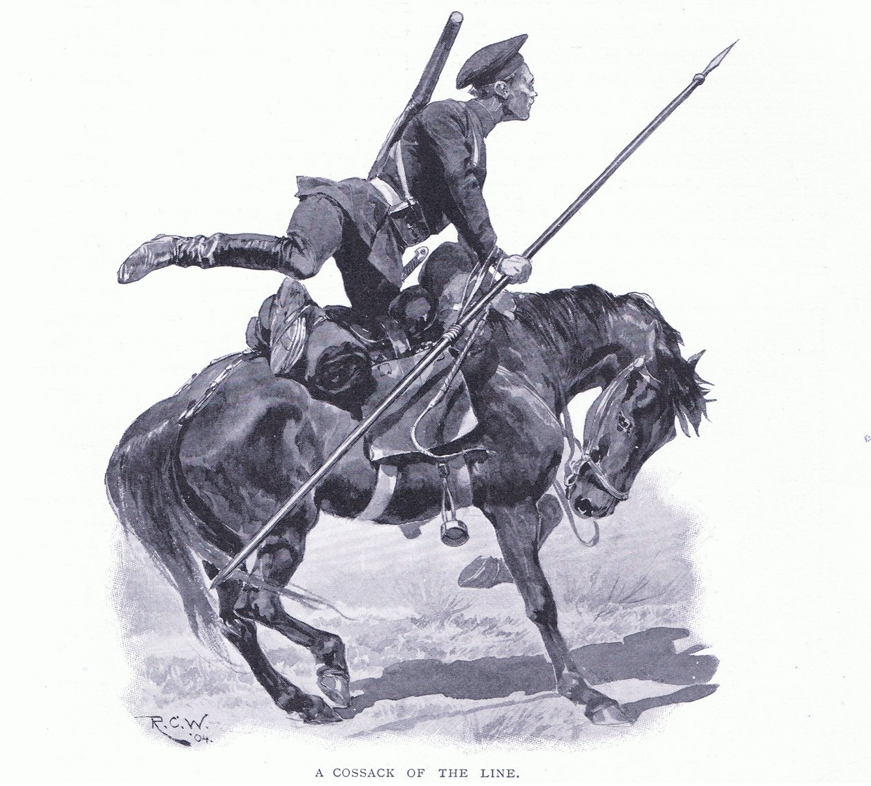 A vonal egy kozákja, illusztráció a Cassells History of the Russian-Japanese War 1. kötetből, 1900 körül alkotó: Richard Caton Woodville