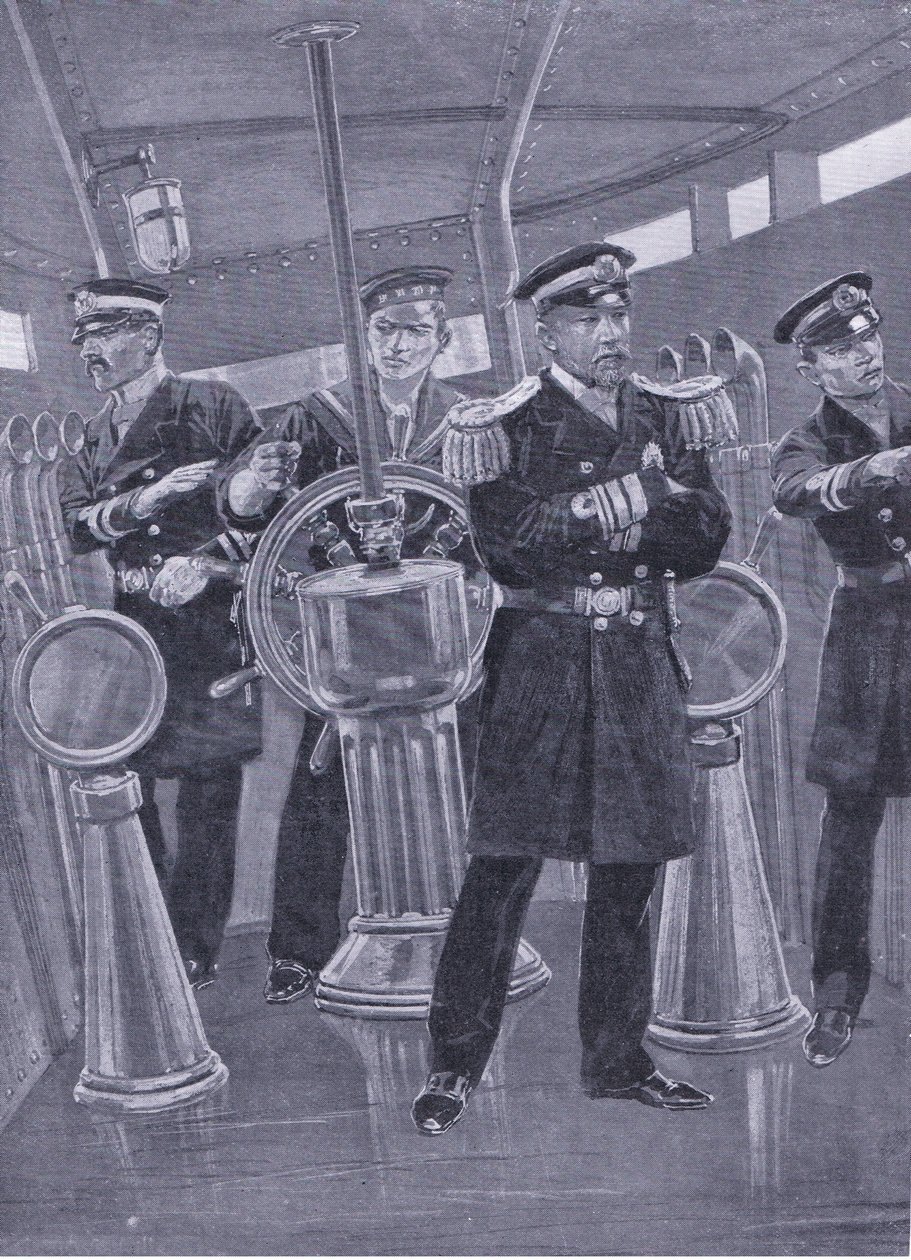 Togo admirális zászlóshajója Conning-tornyában, haditengerészeti akciót irányít, illusztráció a Cassells History of the Orosz-Japán háború 1. kötetéből, 1900 körül. alkotó: Richard Caton Woodville