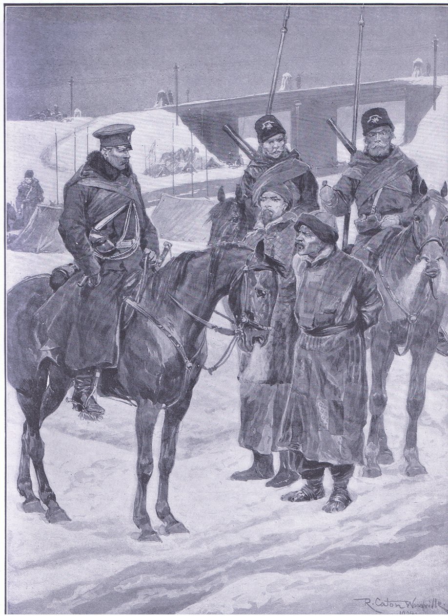 Kuliként felfedezett japán kémek letartóztatása, illusztráció: Cassells Az orosz-japán háború története, 1. kötet, 1900 körül alkotó: Richard Caton Woodville