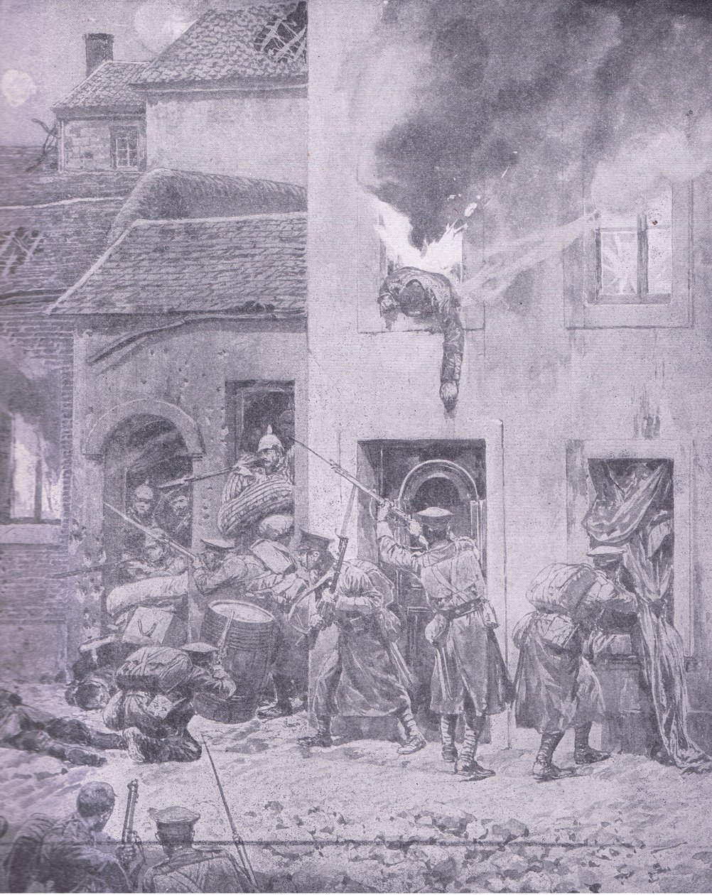 Harcban az ellenséggel: Háztól házig vívott harc Ypres-ben, a History of the Great War 3. kötetéből, amelyet a Waverley Book Co Limited adott ki, 1920 körül alkotó: Richard Caton Woodville