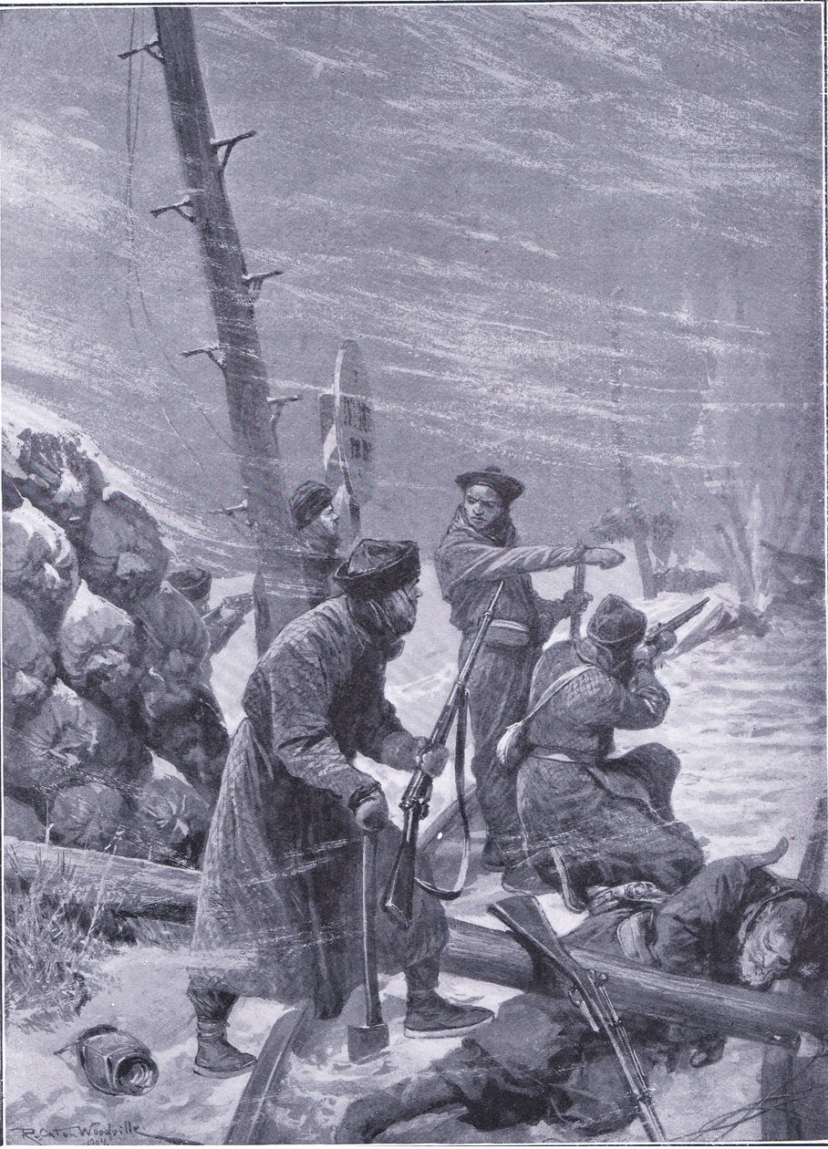Attack on the railway by Chunchuses, illustration fromCassells History of the Russo-Japanese War Vol 1, c.1900 alkotó: Richard Caton Woodville