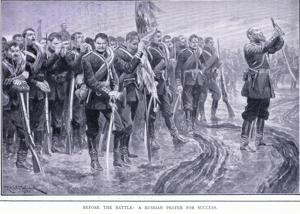 A csata előtt: Orosz ima a sikerért, illusztráció a Cassells History of the Russo-Japanese War 1. kötetből, 1900 körül alkotó: Richard Caton Woodville