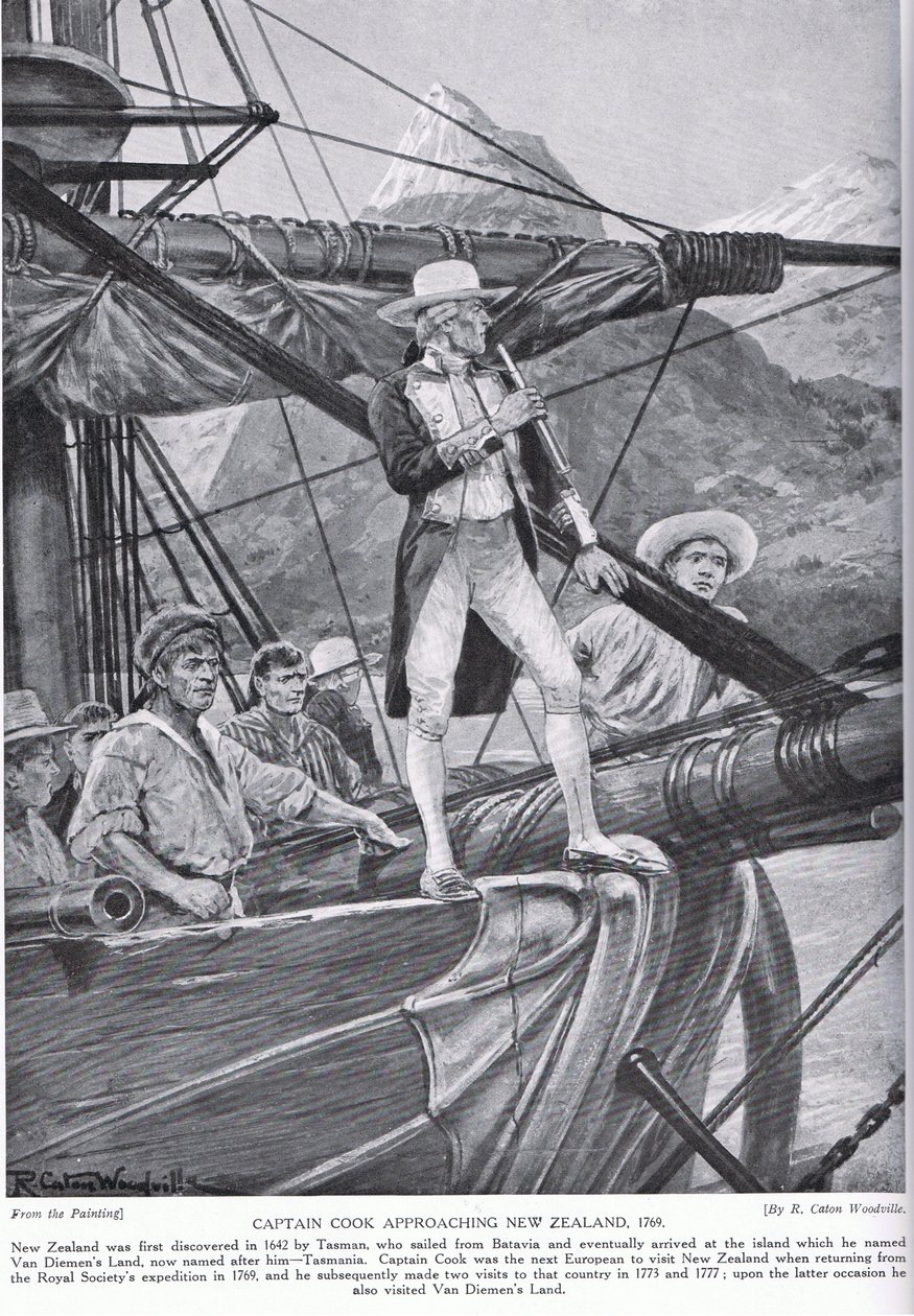Cook kapitány közeledik Új-Zélandhoz, illusztráció a „Hutchinson története a brit nemzetről”, 1923 körül alkotó: Richard Caton Woodville