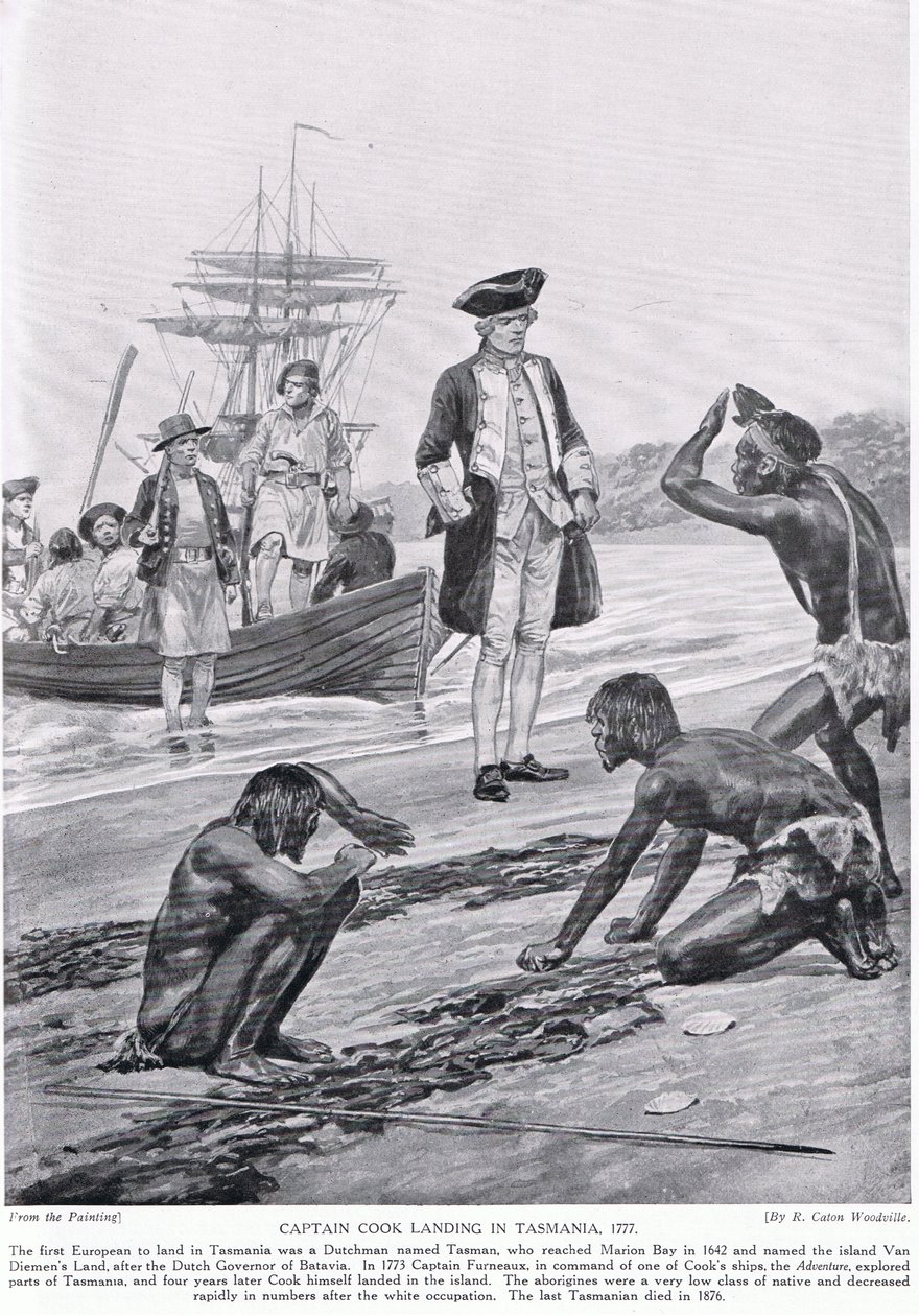 Cook kapitány partraszállás Tasmániában, 1777, illusztráció a 