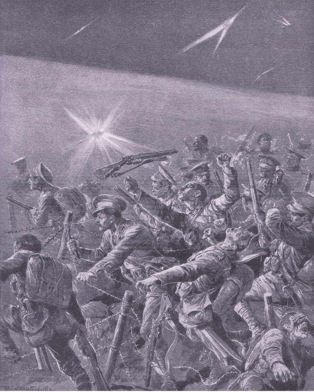 Szögesdrót-összegabalyodásba estek: brit gyalogság éjszakai támadása, a History of the Great War 3. kötetéből, amelyet a Waverley Book Co Limited adott ki, 1920 körül alkotó: Richard Caton Woodville