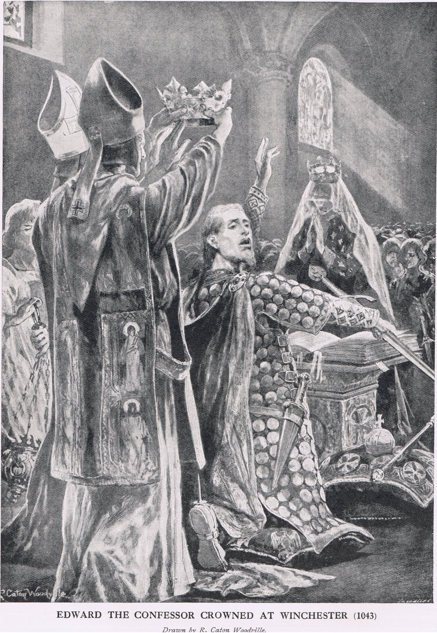 1043-ban Winchesterben koronázták meg a gyóntató Edwardot a Hutchinson története a brit nemzetről című művéből, 1920 körül alkotó: Richard Caton Woodville